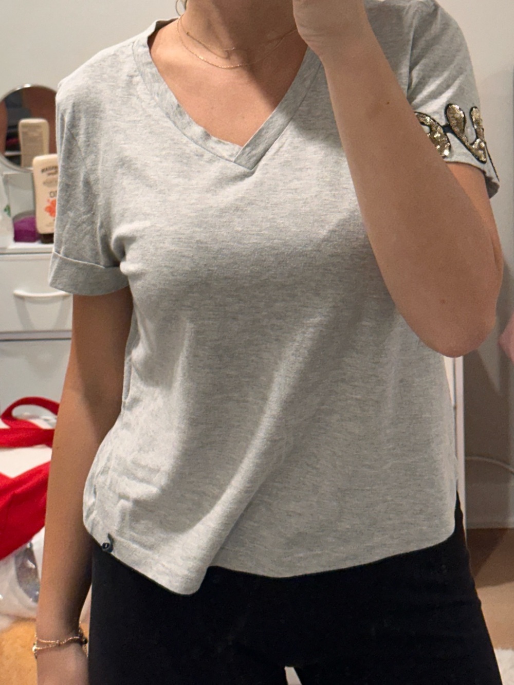 Toi et Moi Light Gray V-Neck Short Sleeve Top with Sequin Sleeve Detail